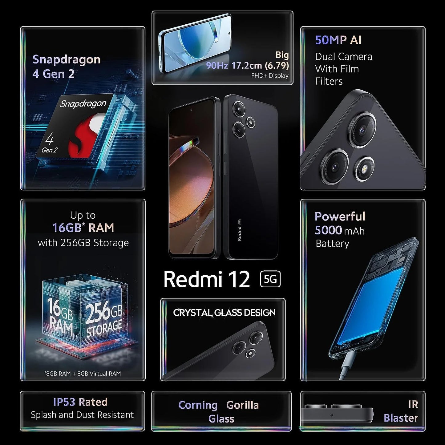 Xiaomi Redmi 12 5G + 4G LTE (for T-Mobile, Mint, Tello, Metro) (256GB + 8GB) Global Unlocked 6.79" 50mp Triple Camera