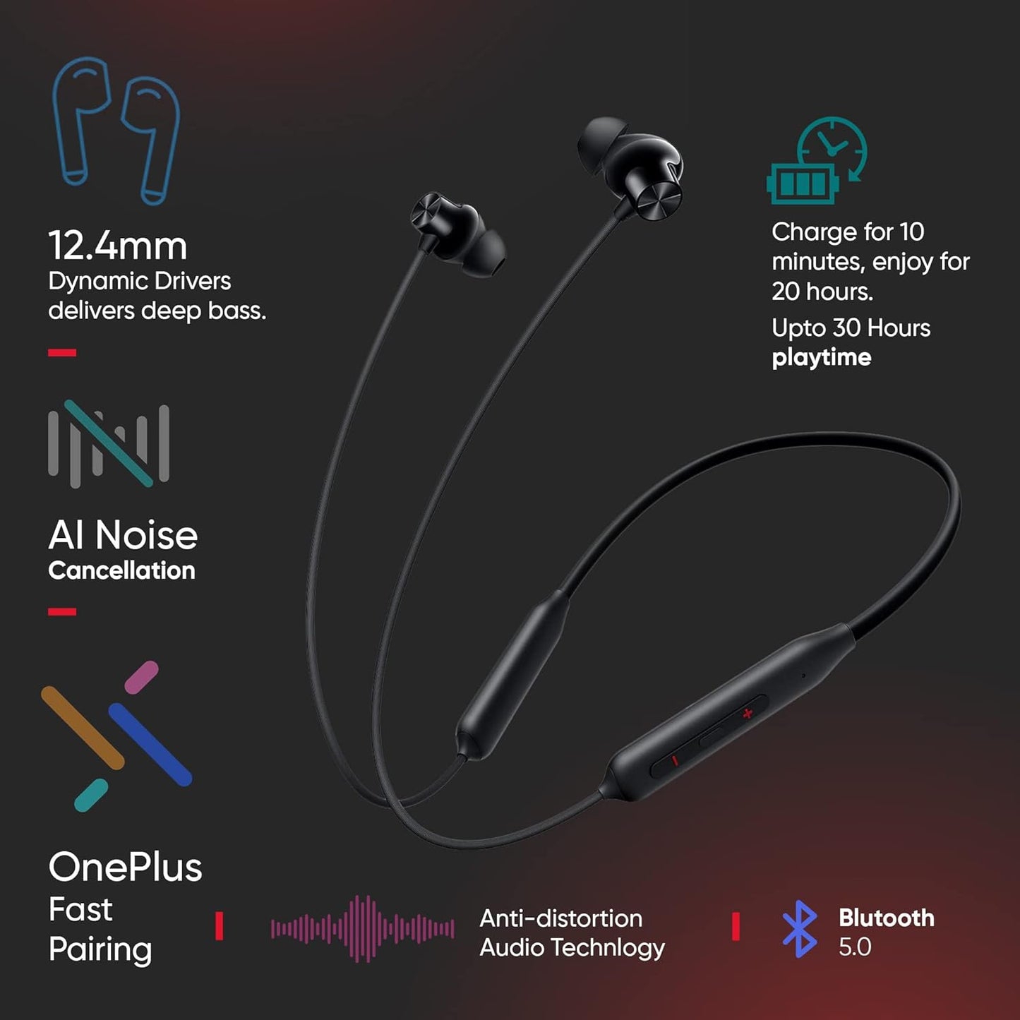 OnePlus Bullets Wireless Z2 Bluetooth 5.0 in Ear Earphones, Bombastic Bass – 12.4 mm Drivers, 30 Hrs Battery Life