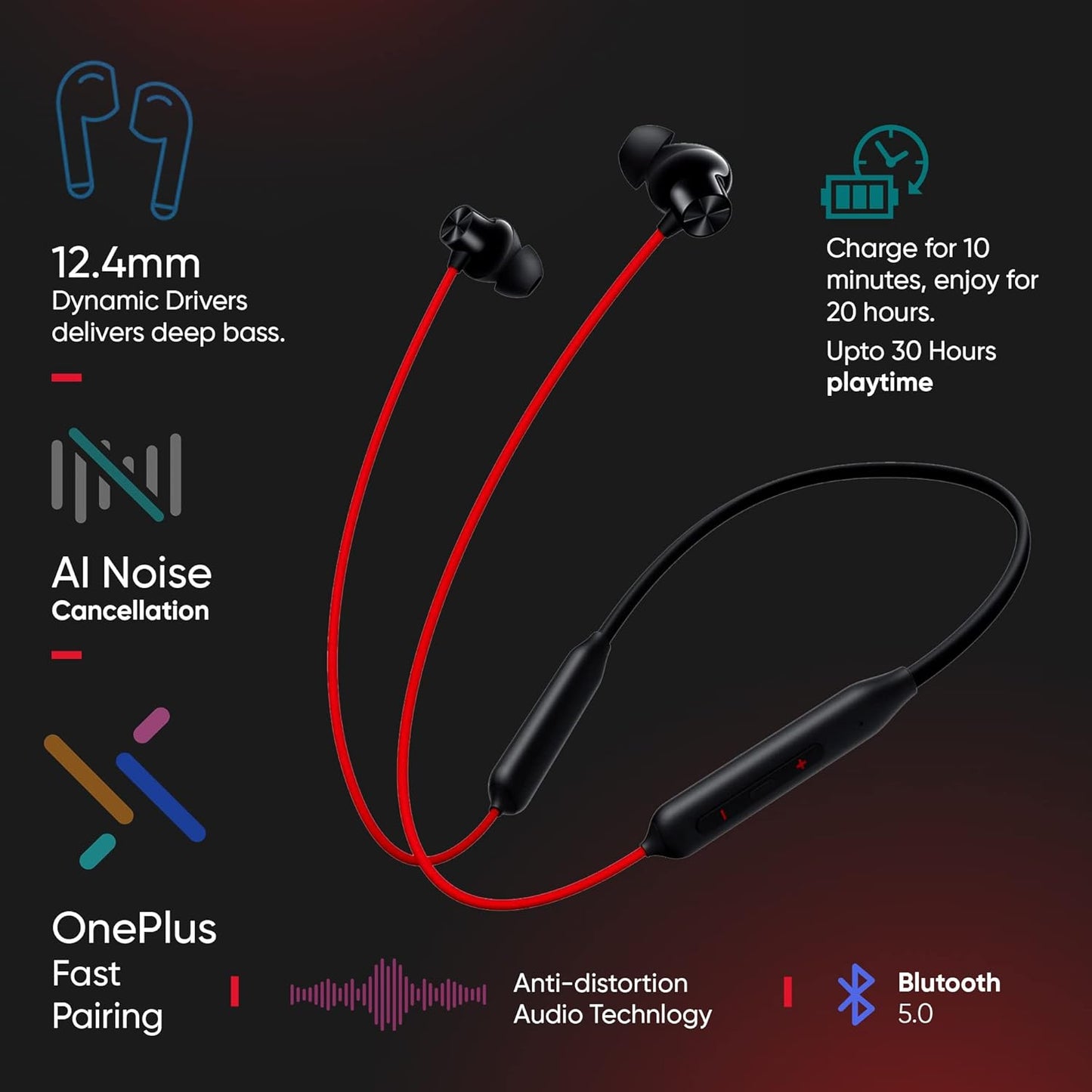OnePlus Bullets Wireless Z2 Bluetooth 5.0 in Ear Earphones, Bombastic Bass – 12.4 mm Drivers, 30 Hrs Battery Life
