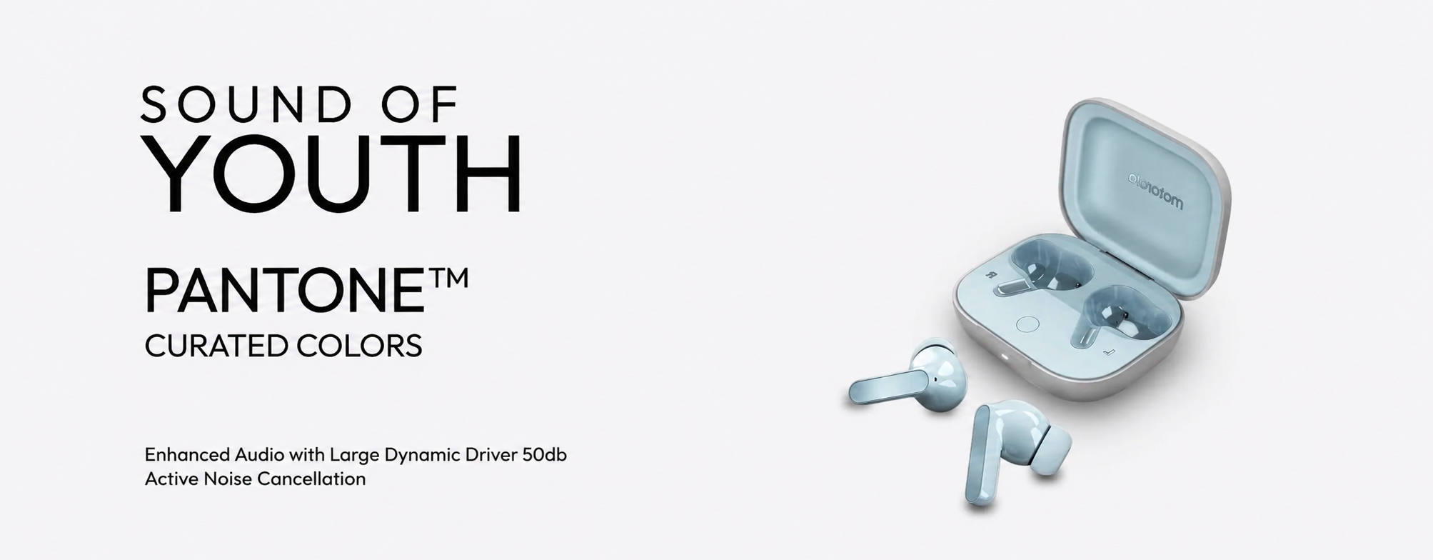 Light blue wireless earbuds with open charging case
