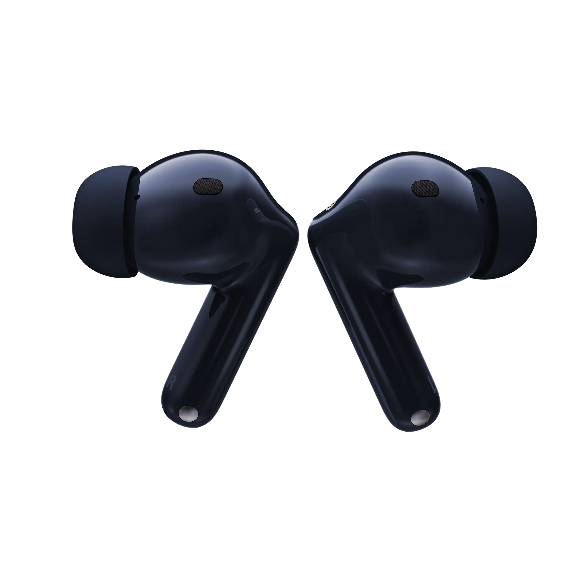 Blue Motorola Moto Buds 2 Plus earbuds, outer view.