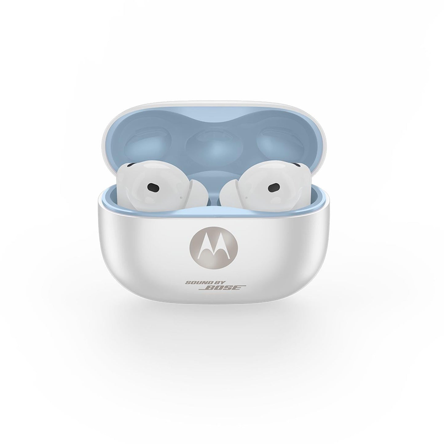 White Motorola Moto Buds 2 Plus with open charging case and both earbuds on a white background.