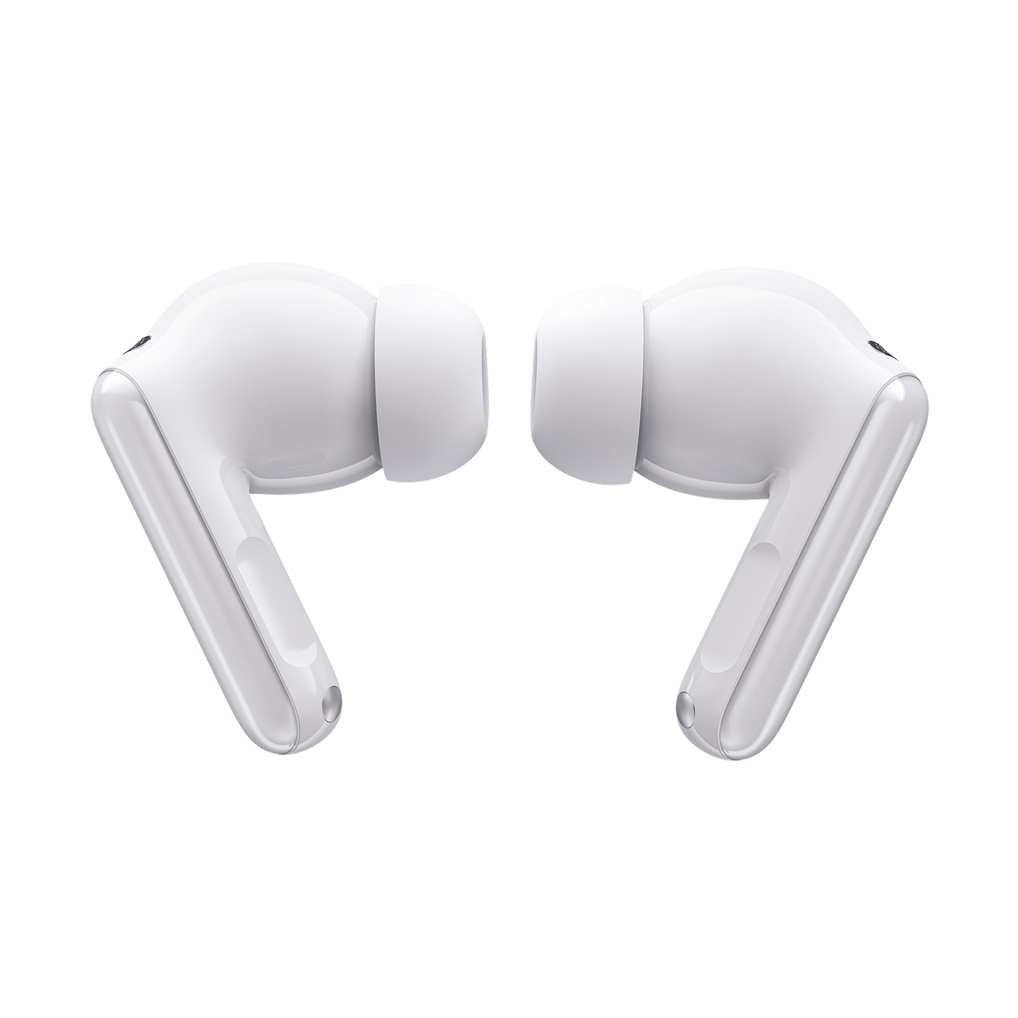 White Motorola Moto Buds 2 Plus earbuds, front detail on a white background.