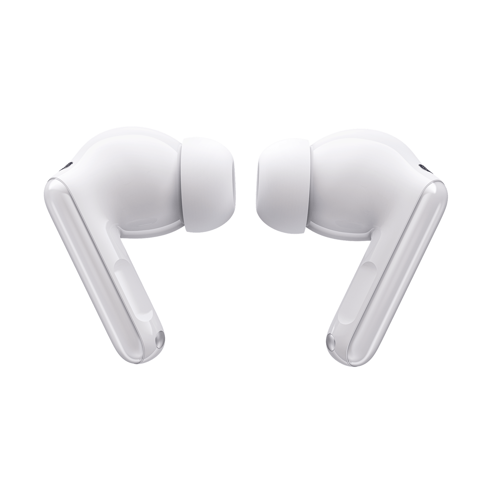 White Motorola Moto Buds 2 Plus earbuds, front detail on a white background.