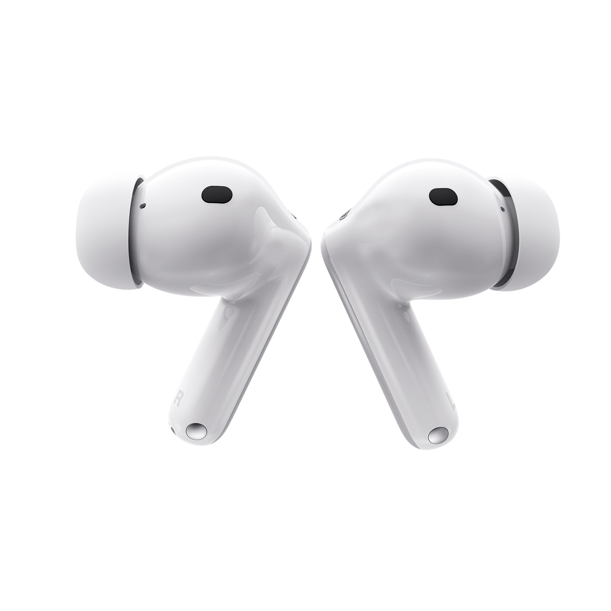 White Motorola Moto Buds 2 Plus earbuds, outer detail on a white background.