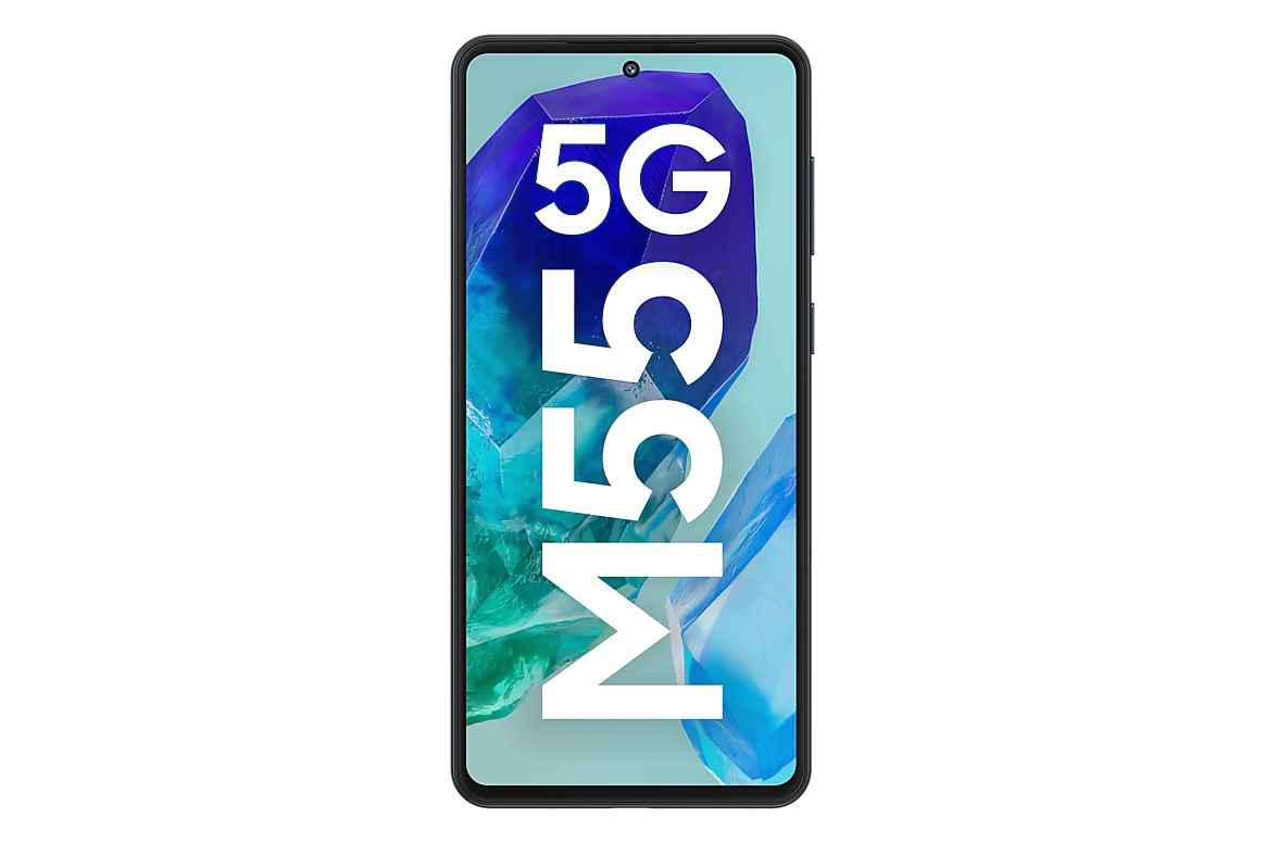 Samsung Galaxy M55 5G Denim Black, front and rear view