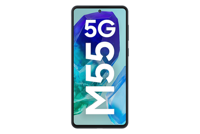 Samsung Galaxy M55 5G Denim Black, front and rear view